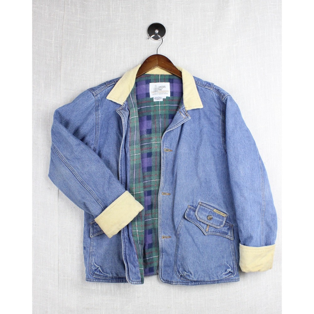 Vintage Denim Barn Jacket Plaid Lined Corduroy Collar Blue Large London Fog